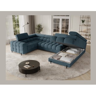 Canapé panoramique convertible FACTORY 3 places bleu – angle droit avec coffre 