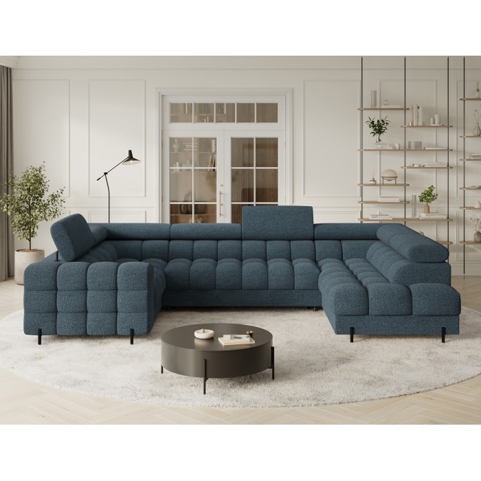 Canapé panoramique convertible FACTORY 3 places bleu – angle droit avec coffre 