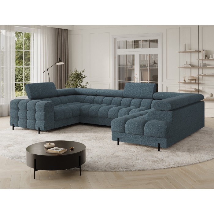 Canapé panoramique convertible FACTORY 3 places bleu – angle droit avec coffre 