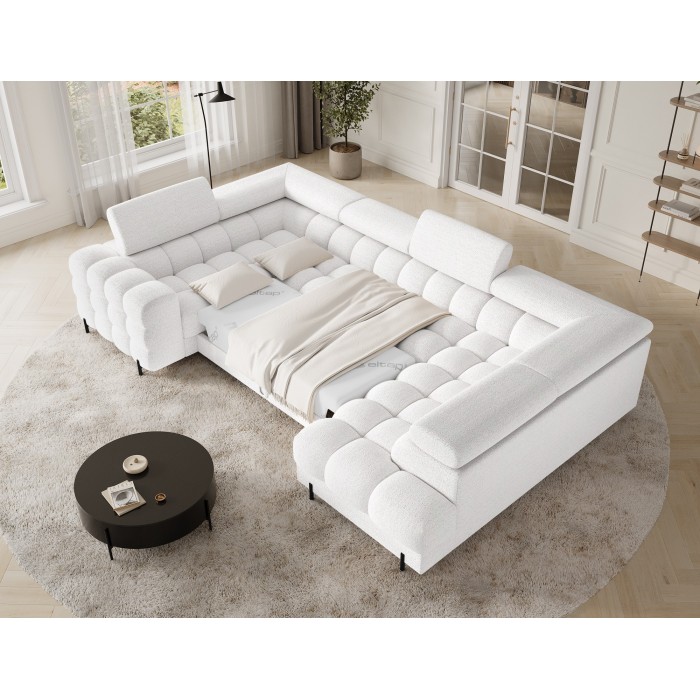 Canapé panoramique convertible FACTORY 3 places blanc – angle droit avec coffre 