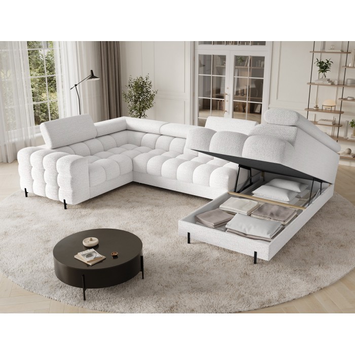 Canapé panoramique convertible FACTORY 3 places blanc – angle droit avec coffre 