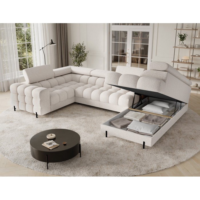 Canapé panoramique convertible FACTORY 3 places beige – angle droit avec coffre – version 5 