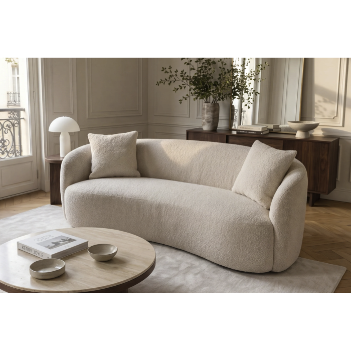 Canapé droit NYJY 2 places en tissu bouclette – Beige champagne – 180 x 67 x 75 cm