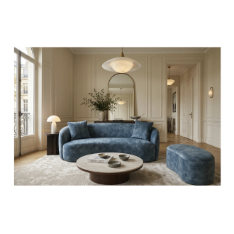 Canapé NYJY bleu vu avec le pouf de la même collection