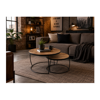 Ensemble de 2 tables basses gigognes rondes LARSON – Bois exotique et métal noir – Style industriel