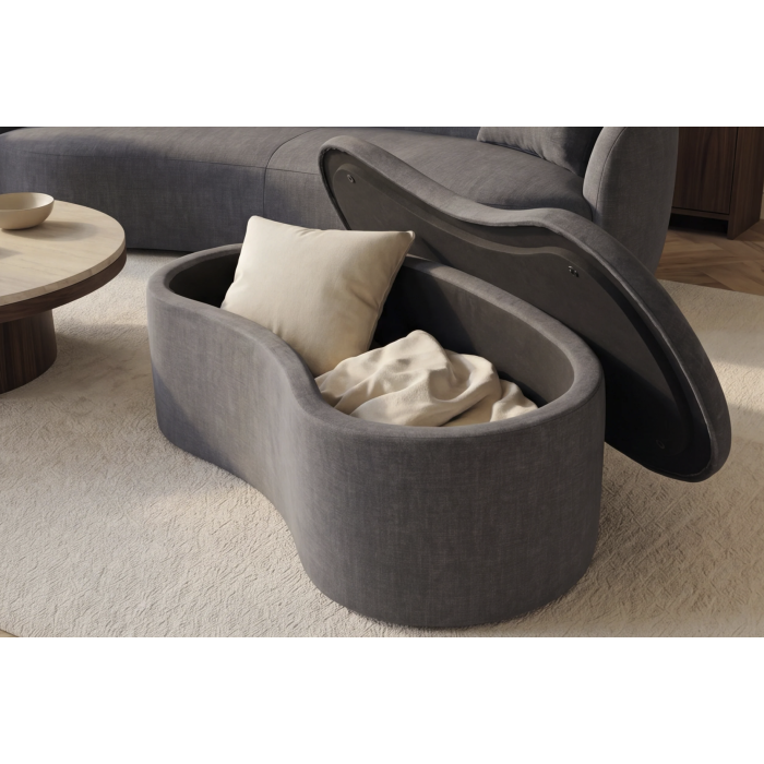 Canapé et pouf NYJY gris foncé avec coffre du pouf ouvert