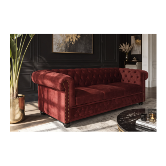 Divano Chesterfield EDGAR diritto 3 posti in velluto capitonnato - Rosso rubino - 205 x 72 x 85 cm