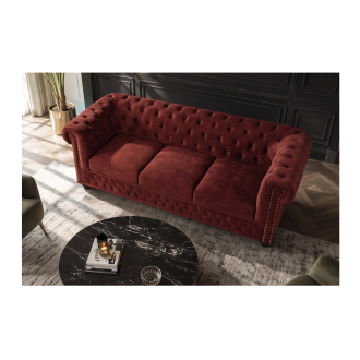 Divano Chesterfield EDGAR diritto 3 posti in velluto capitonnato - Rosso rubino - 205 x 72 x 85 cm