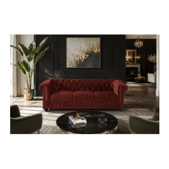 Divano Chesterfield EDGAR diritto 3 posti in velluto capitonnato - Rosso rubino - 205 x 72 x 85 cm