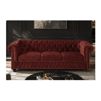 Divano Chesterfield EDGAR diritto 3 posti in velluto capitonnato - Rosso rubino - 205 x 72 x 85 cm