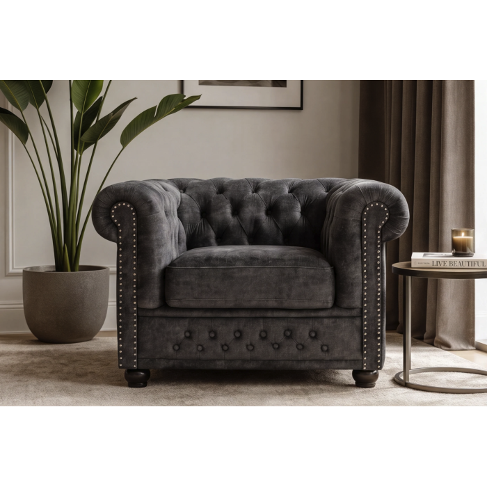 Fauteuil EDGAR Chesterfield en velours capitonné – Gris clair – 109 x 72 x 86 cm