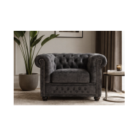 Fauteuil EDGAR Chesterfield en velours capitonné – Gris clair – 109 x 72 x 86 cm