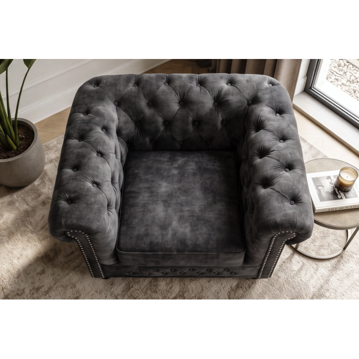 Fauteuil EDGAR Chesterfield en velours capitonné – Gris clair – 109 x 72 x 86 cm