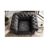 Fauteuil EDGAR Chesterfield en velours capitonné – Gris clair – 109 x 72 x 86 cm