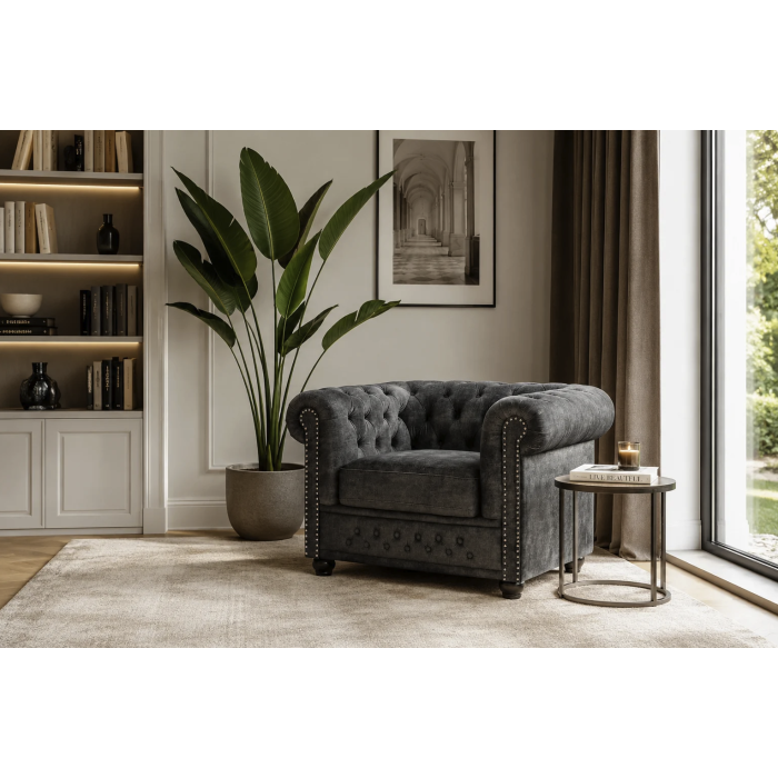 Fauteuil EDGAR Chesterfield en velours capitonné – Gris clair – 109 x 72 x 86 cm