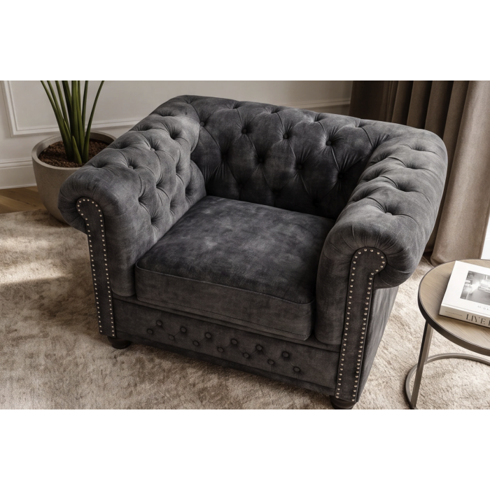 Fauteuil EDGAR Chesterfield en velours capitonné – Gris clair – 109 x 72 x 86 cm