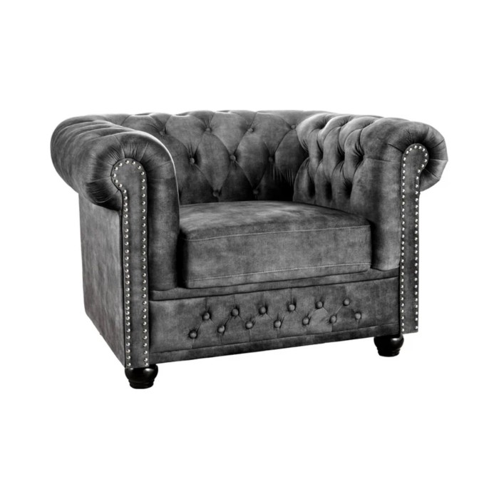 Fauteuil EDGAR Chesterfield en velours capitonné – Gris clair – 109 x 72 x 86 cm