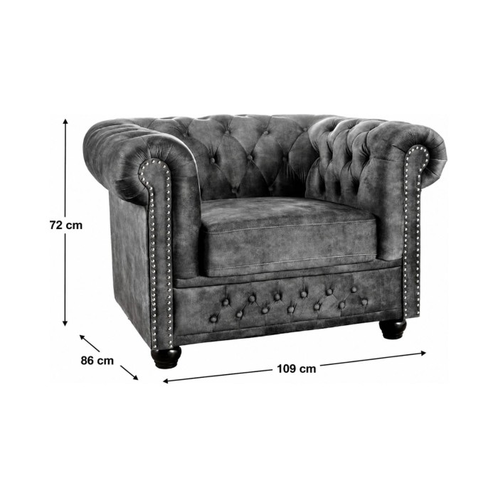 Fauteuil EDGAR Chesterfield en velours capitonné – Gris clair – 109 x 72 x 86 cm