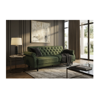 Divano diritto MILES convertibile 3 posti in velluto capitonné - Verde scuro - 220 x 85 x 120 cm