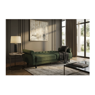 Divano diritto MILES convertibile 3 posti in velluto capitonné - Verde scuro - 220 x 85 x 120 cm
