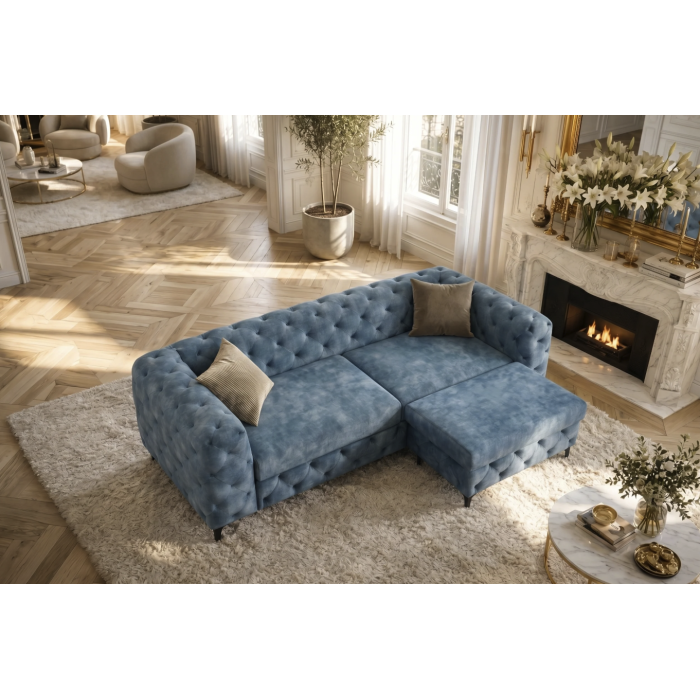 Canapé VELENA bleu avec le pouf de la même collection vu de haut