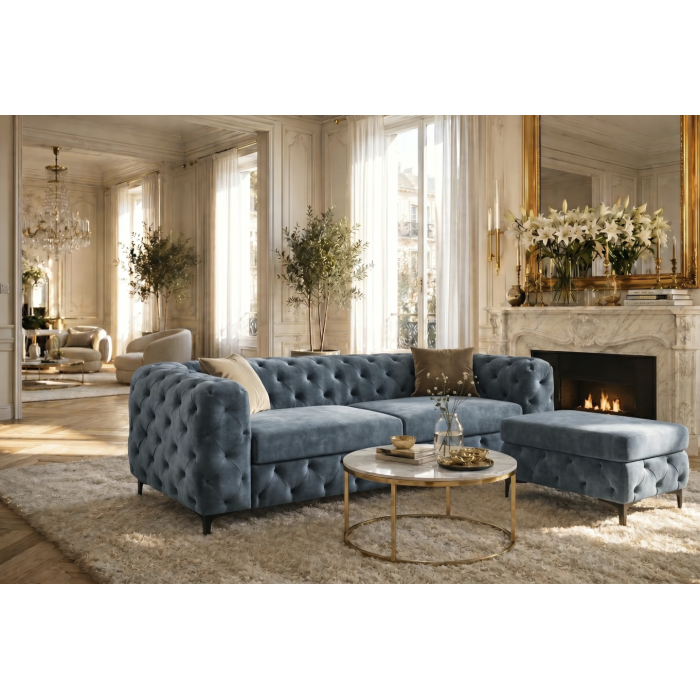 Pouf VELENA en velours capitonné – Bleu – 95 x 49 x 62 cm