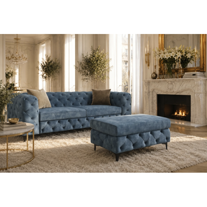 Pouf VELENA en velours capitonné – Bleu – 95 x 49 x 62 cm