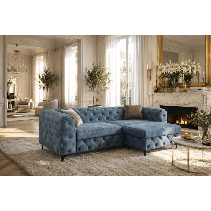 Canapé et pouf VELENA bleu mis en situation