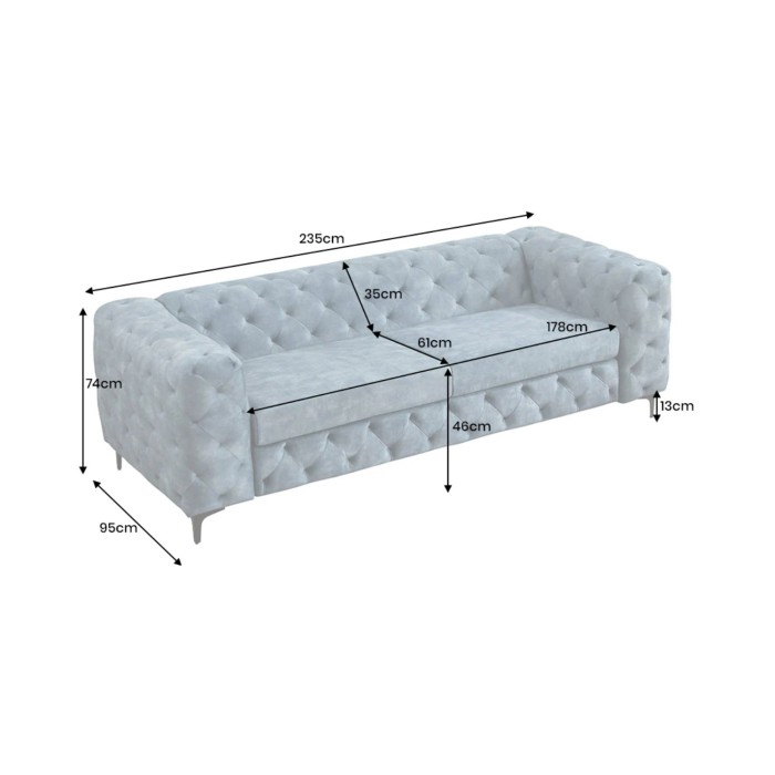Canapé VELENA bleu sur fond blanc dimensions
