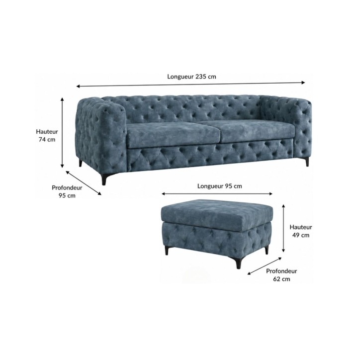 Canapé et pouf VELENA bleu dimensions
