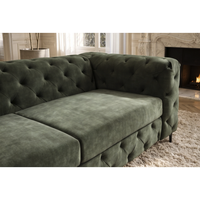 Zoom sur l'assise du canapé VELENA vert foncé