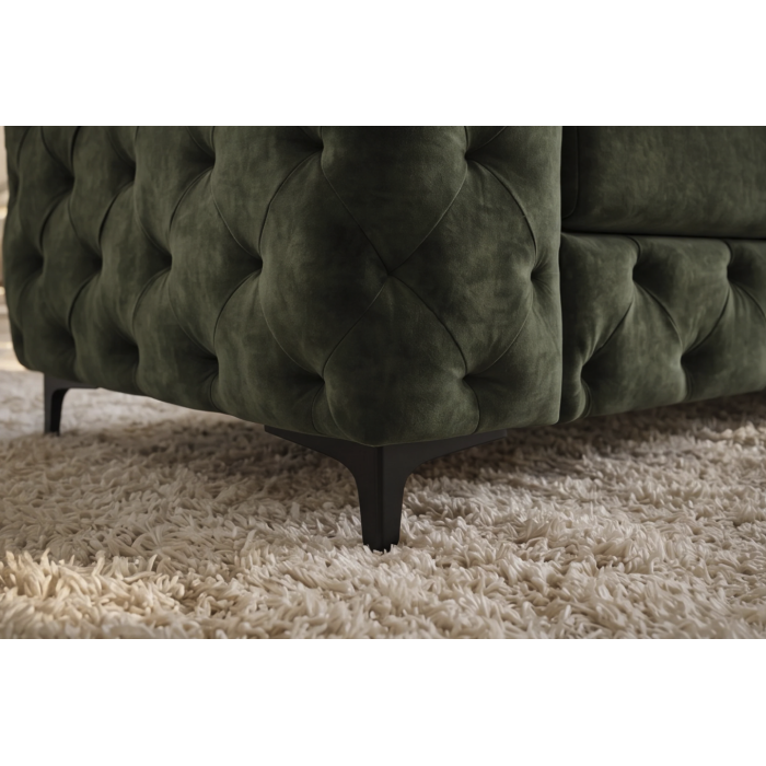 Zoom sur les pieds du canapé VELENA vert foncé