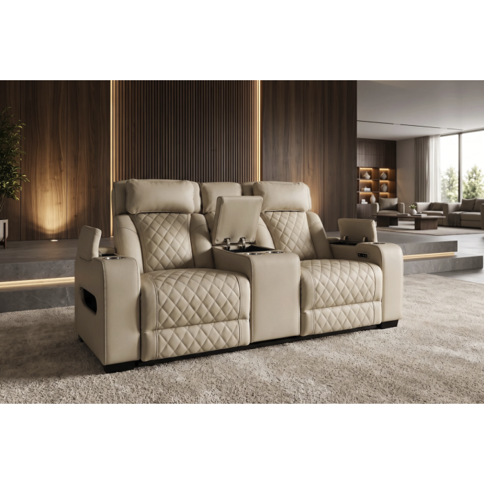 Canapé droit DOMUS 2 places relax électrique en similicuir – Beige – 190 x 101 x 103 cm