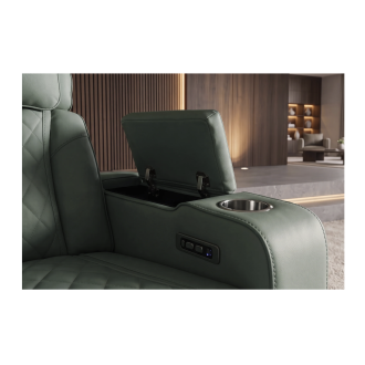 Zoom sur l'accoudoir ouvert du canapé relax DOMUS vert
