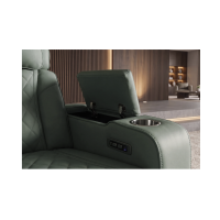 Zoom sur l'accoudoir ouvert du canapé relax DOMUS vert