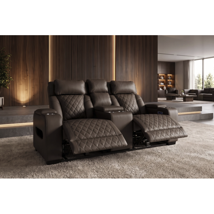 Zoom sur les jambières du canapé relax DOMUS marron chocolat semi relevées