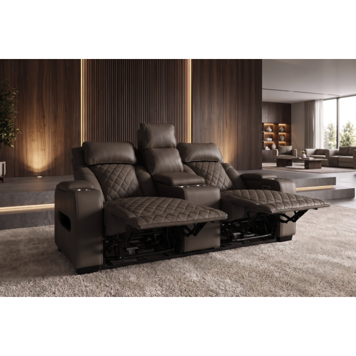 Zoom sur les jambières du canapé relax DOMUS marron chocolat relevées