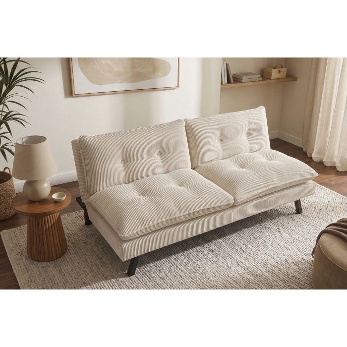 Canapé convertible AZENA 3 places en tissu côtelé – Beige et noir – 190 x 80 x 90 cm