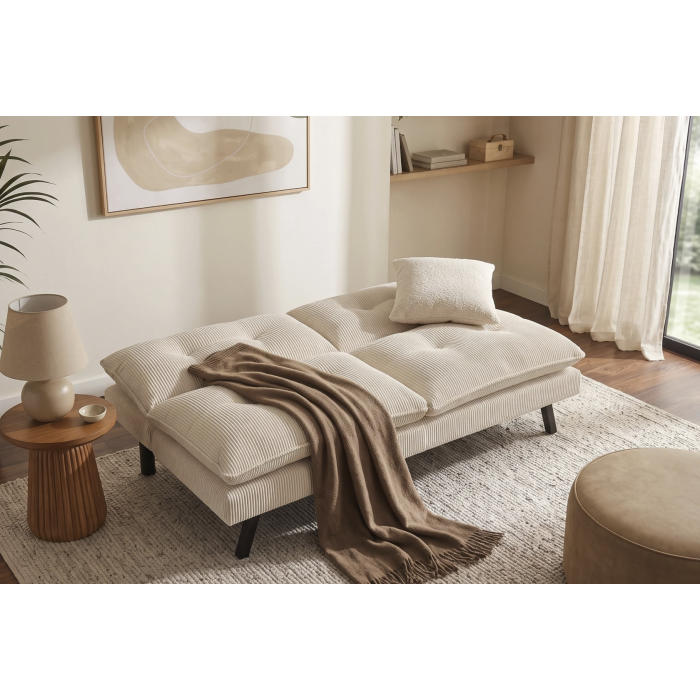 Canapé convertible AZENA 3 places en tissu côtelé – Beige et noir – 190 x 80 x 90 cm