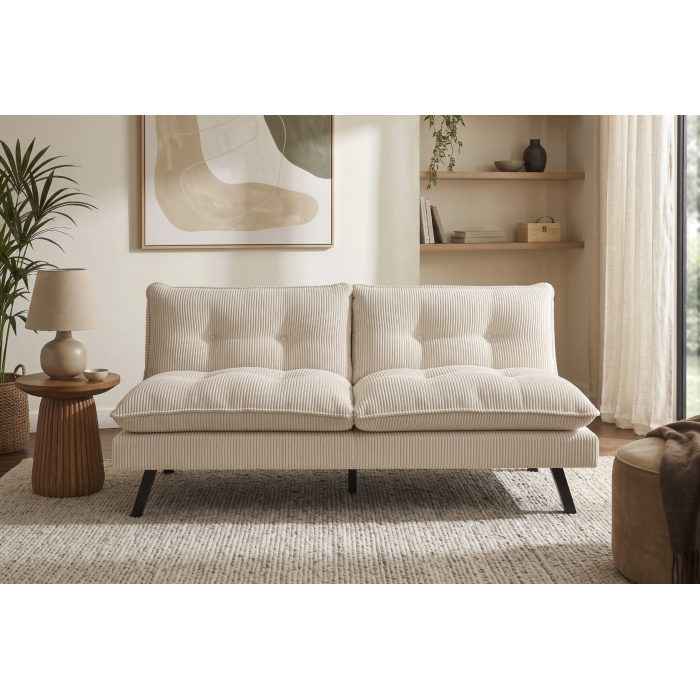 Canapé convertible AZENA 3 places en tissu côtelé – Beige et noir – 190 x 80 x 90 cm