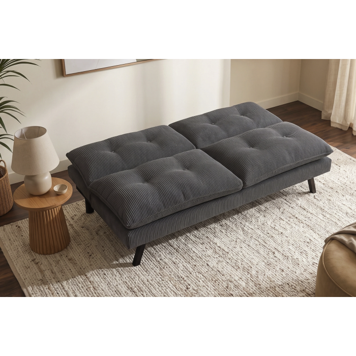 Canapé convertible AZENA 3 places en tissu côtelé – Gris foncé et noir – 190 x 80 x 90 cm