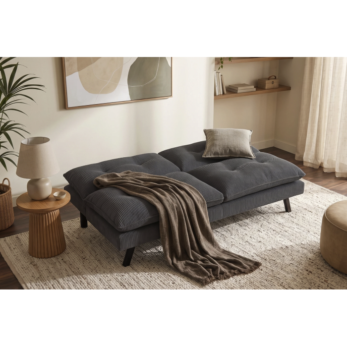 Canapé convertible AZENA 3 places en tissu côtelé – Gris foncé et noir – 190 x 80 x 90 cm
