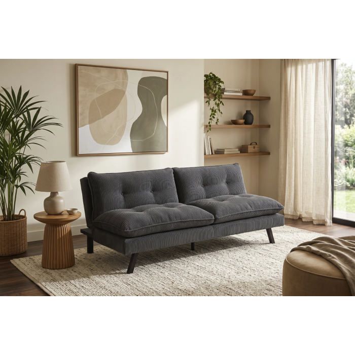 Canapé convertible AZENA 3 places en tissu côtelé – Gris foncé et noir – 190 x 80 x 90 cm