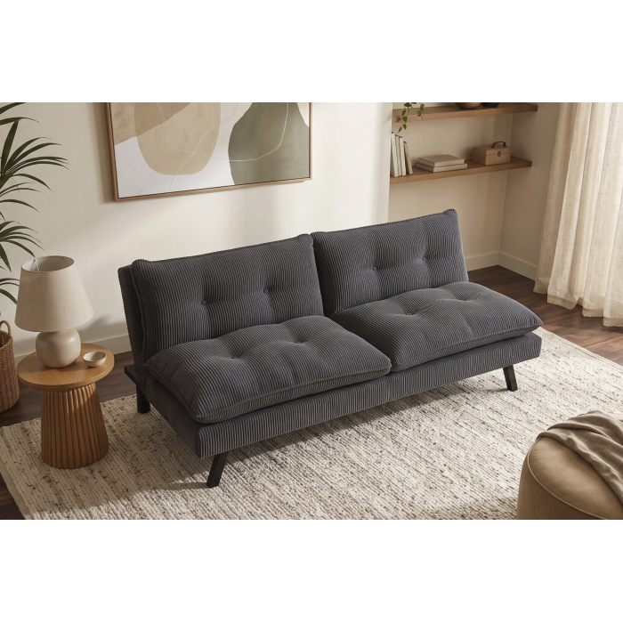 Canapé convertible AZENA 3 places en tissu côtelé – Gris foncé et noir – 190 x 80 x 90 cm