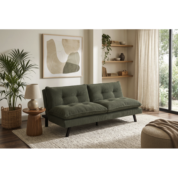 Canapé convertible AZENA 3 places en tissu côtelé – Vert foncé et noir – 190 x 80 x 90 cm