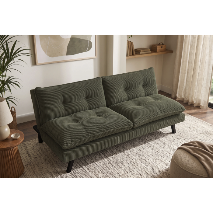 Canapé convertible AZENA 3 places en tissu côtelé – Vert foncé et noir – 190 x 80 x 90 cm