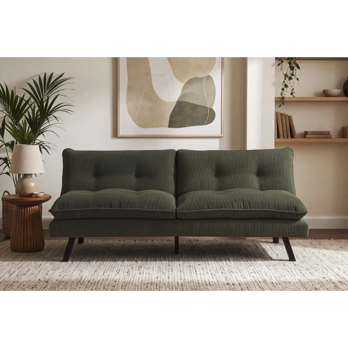 Canapé convertible AZENA 3 places en tissu côtelé – Vert foncé et noir – 190 x 80 x 90 cm