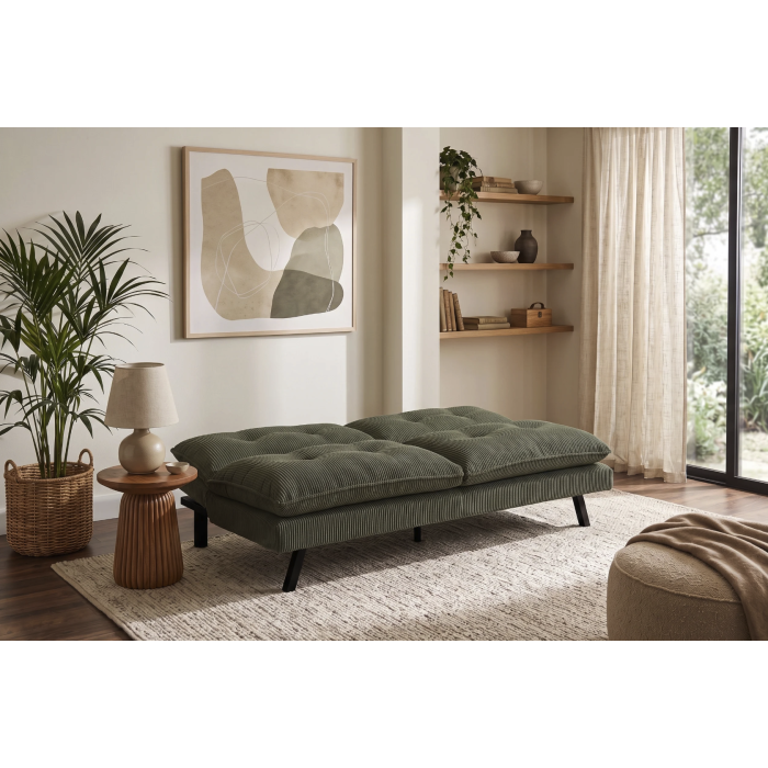 Canapé convertible AZENA 3 places en tissu côtelé – Vert foncé et noir – 190 x 80 x 90 cm