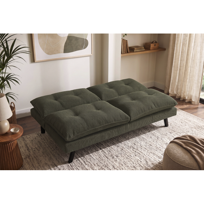 Canapé convertible AZENA 3 places en tissu côtelé – Vert foncé et noir – 190 x 80 x 90 cm
