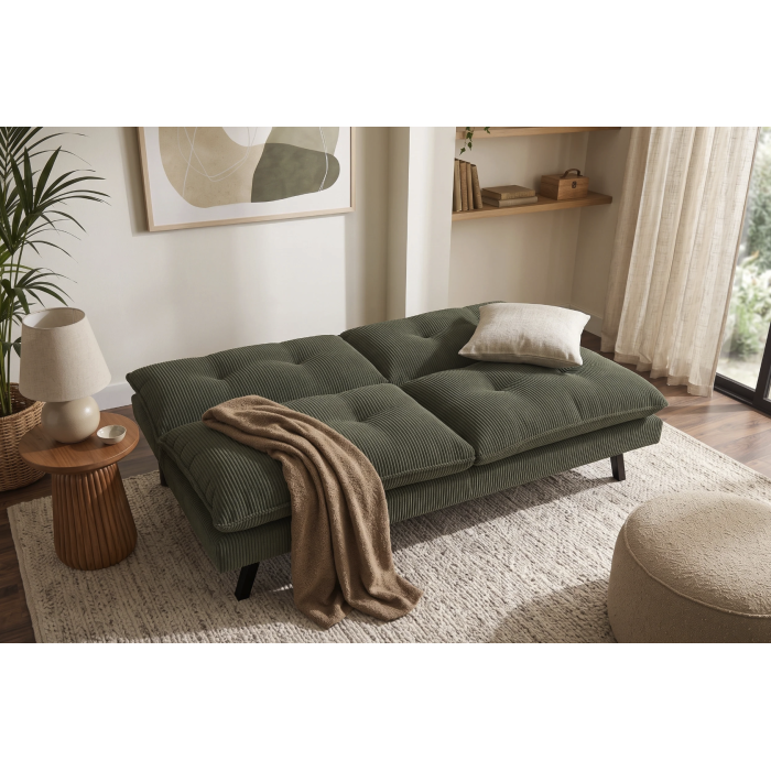Canapé convertible AZENA 3 places en tissu côtelé – Vert foncé et noir – 190 x 80 x 90 cm
